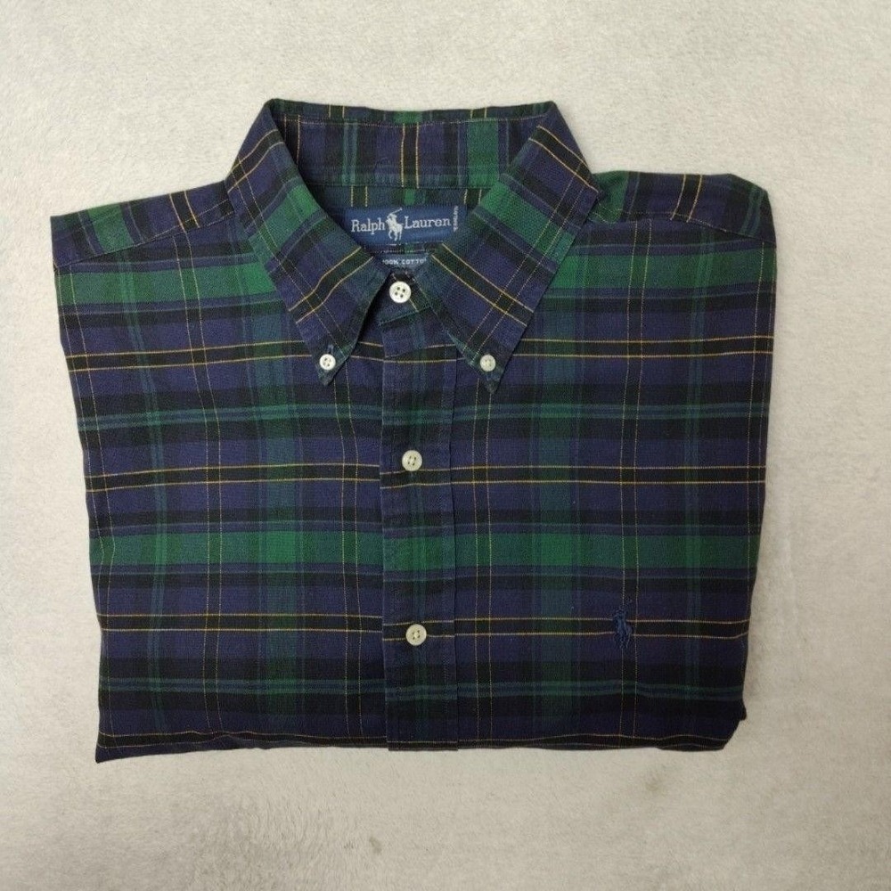Ralph Lauren Shirt Mens L Green Plaid Button-Up Flannel Cotton Classic Pony Work
